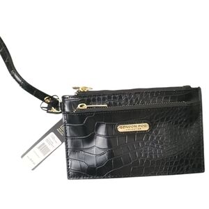 LONDON FOG Collection Danica Croco Wristlet Double Pouch Black with Gold Accents